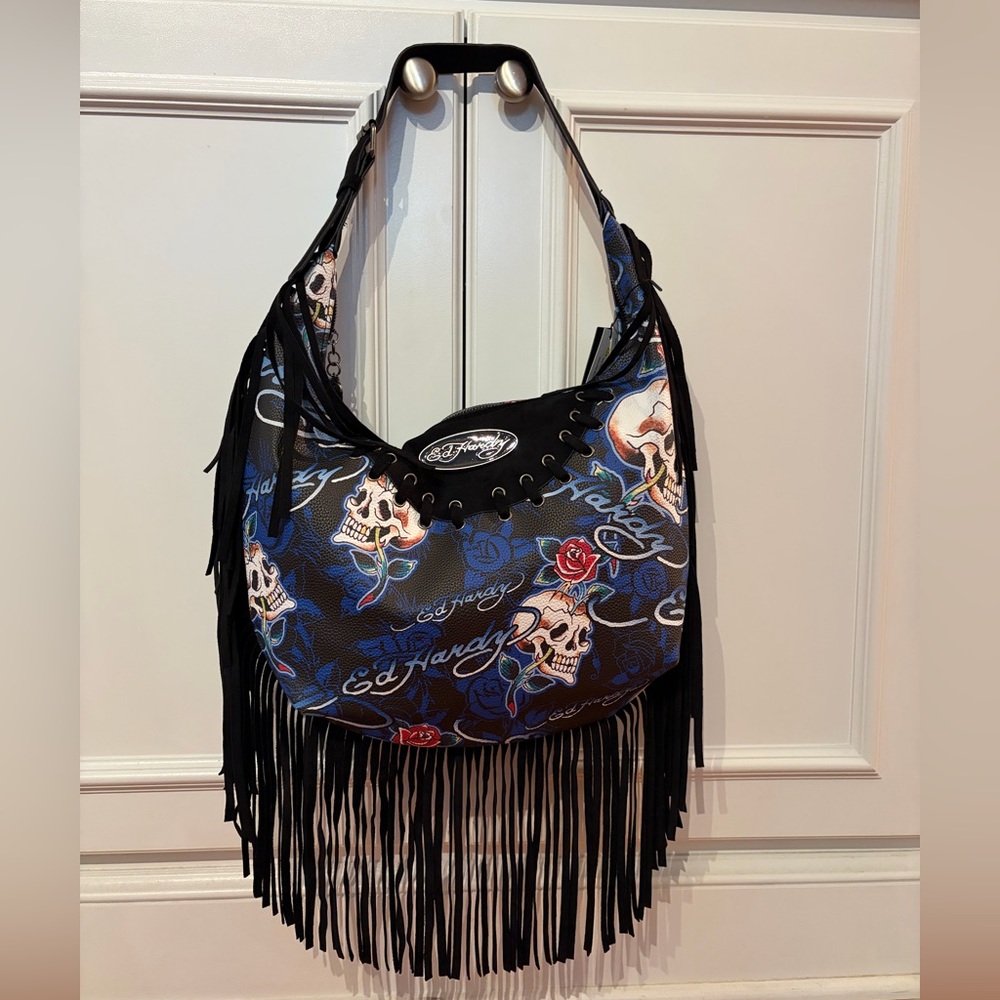 Ed Hardy Blue Skull & Rose Fringe Shoulder Bag